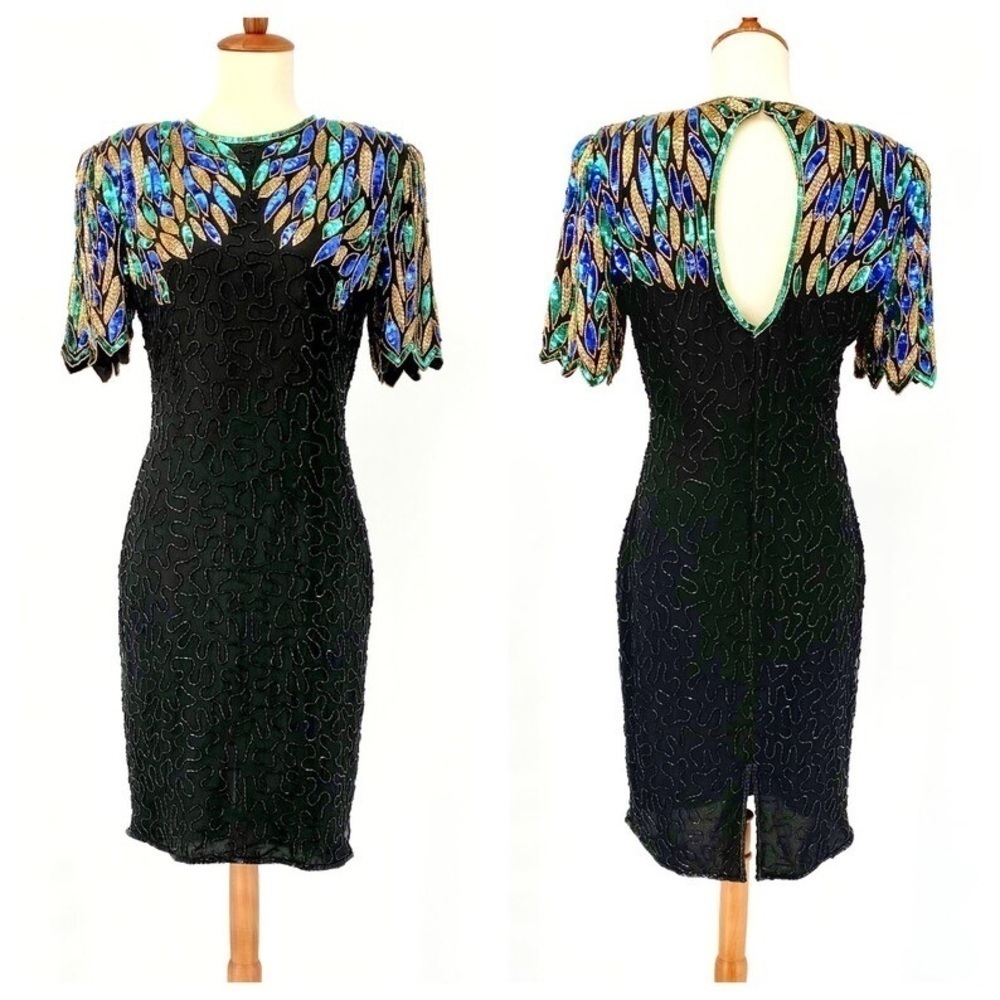 Vintage 80 Lawrence Kazan New York Beaded Black Silk Cocktail Peacock Dress mini